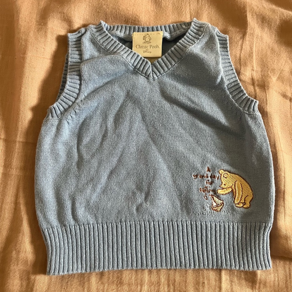 Vintage Classic Pooh Knit Vest Baby Blue 3M Winnie the Pooh Embroidered